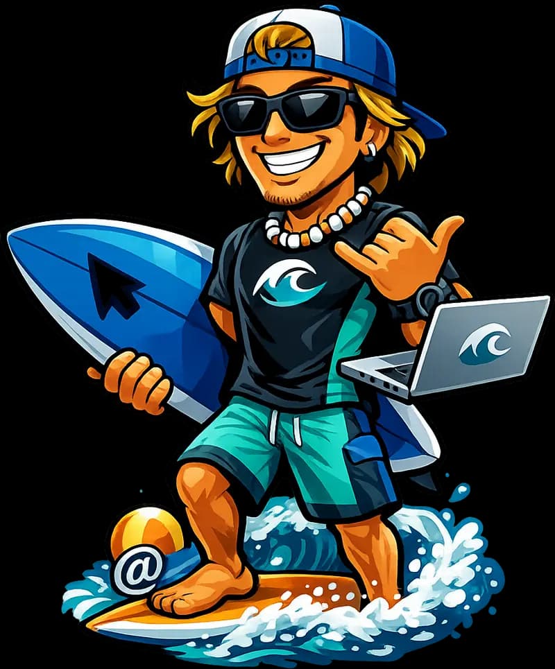 The PornSurfer mascot, a cartoon surfer giving a shaka sign and holding a surfboard