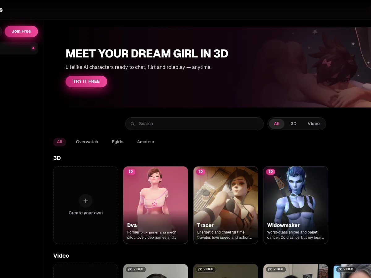 A heavily blurred, censored capture of the 3D Girls homepage — only soft shapes are visible, no explicit or readable content