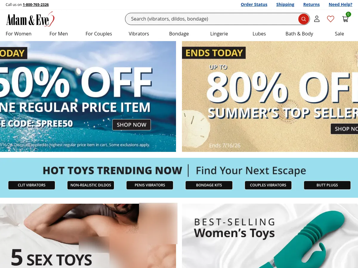 A heavily blurred, censored capture of the Adam & Eve Store homepage — only soft shapes are visible, no explicit or readable content
