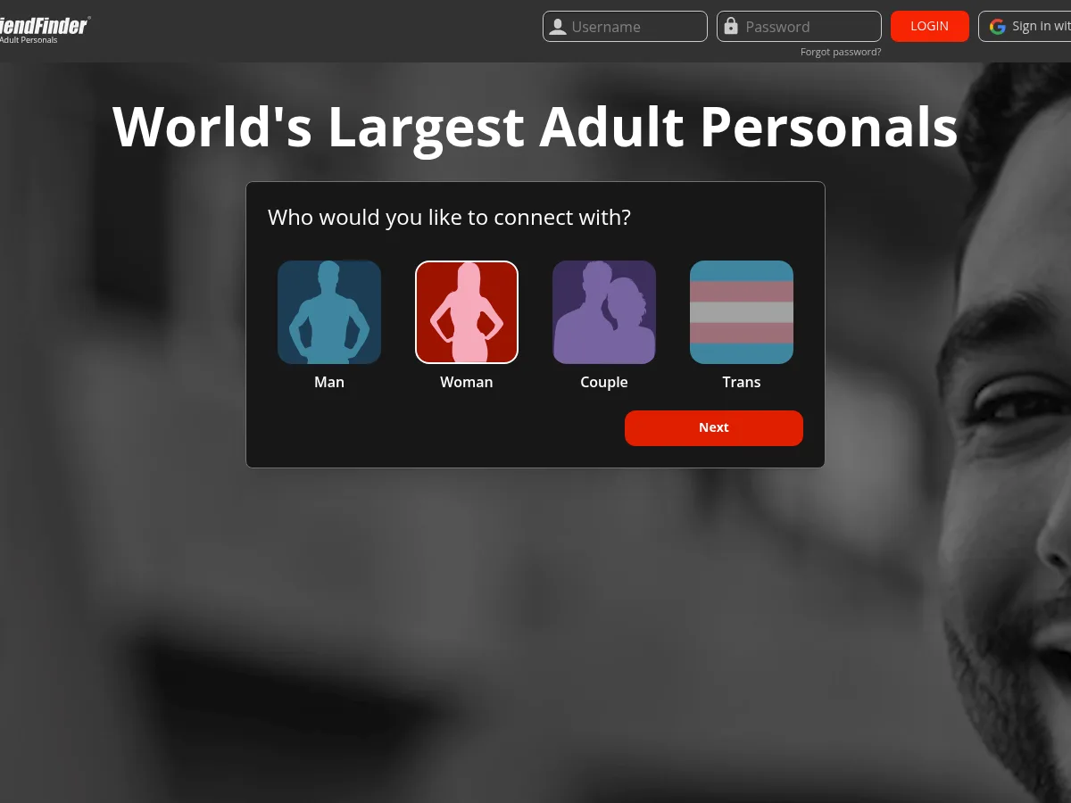 A heavily blurred, censored capture of the AdultFriendFinder homepage — only soft shapes are visible, no explicit or readable content