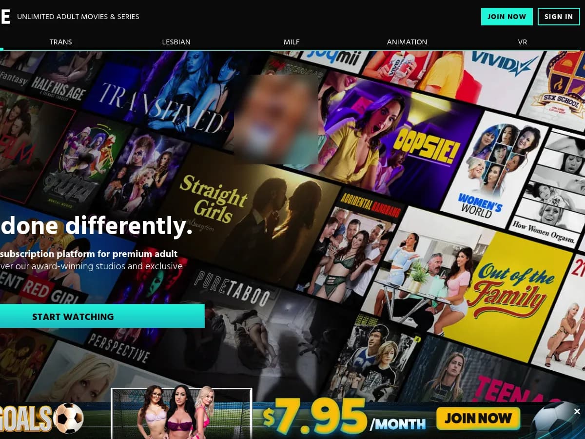 A heavily blurred, censored capture of the AdultTime homepage — only soft shapes are visible, no explicit or readable content