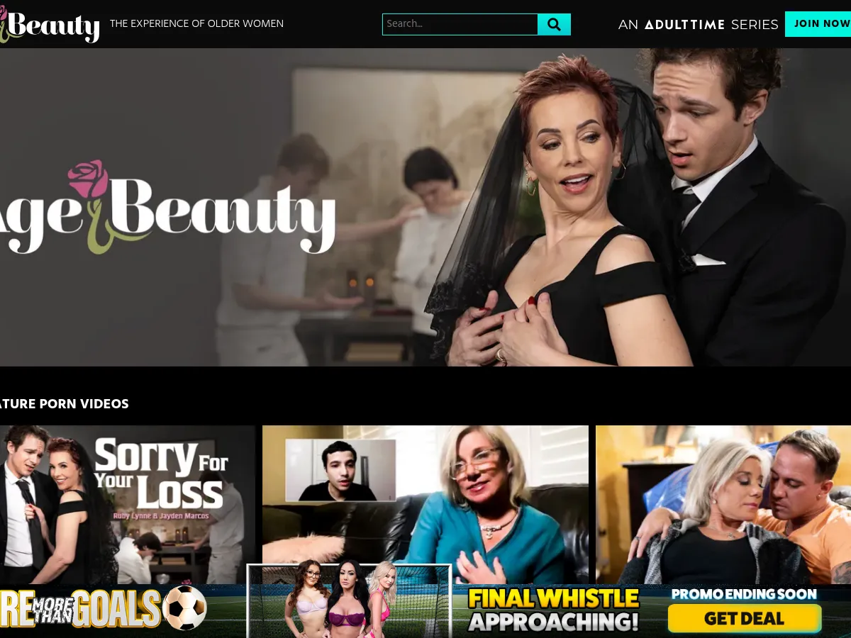 A heavily blurred, censored capture of the Age And Beauty homepage — only soft shapes are visible, no explicit or readable content