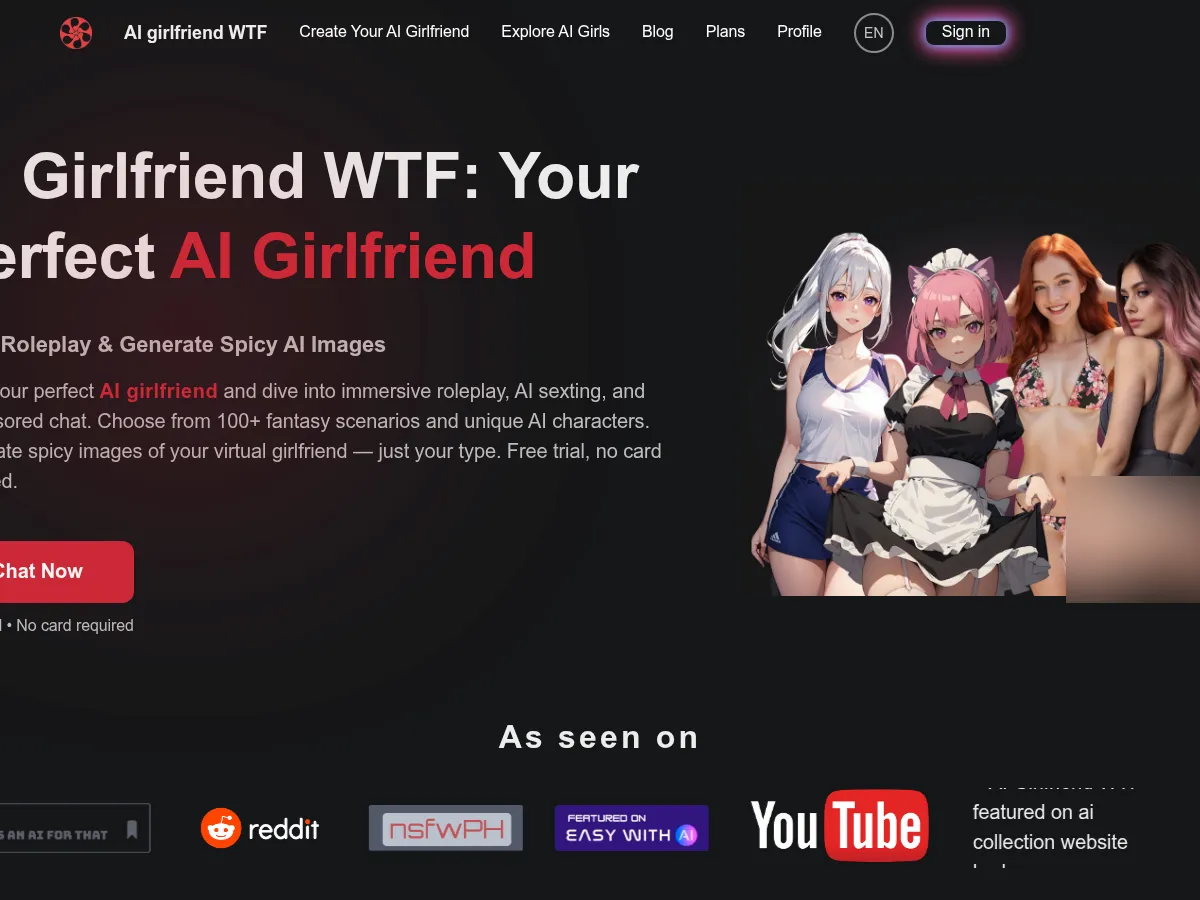 A heavily blurred, censored capture of the AI Girlfriend WTF homepage — only soft shapes are visible, no explicit or readable content