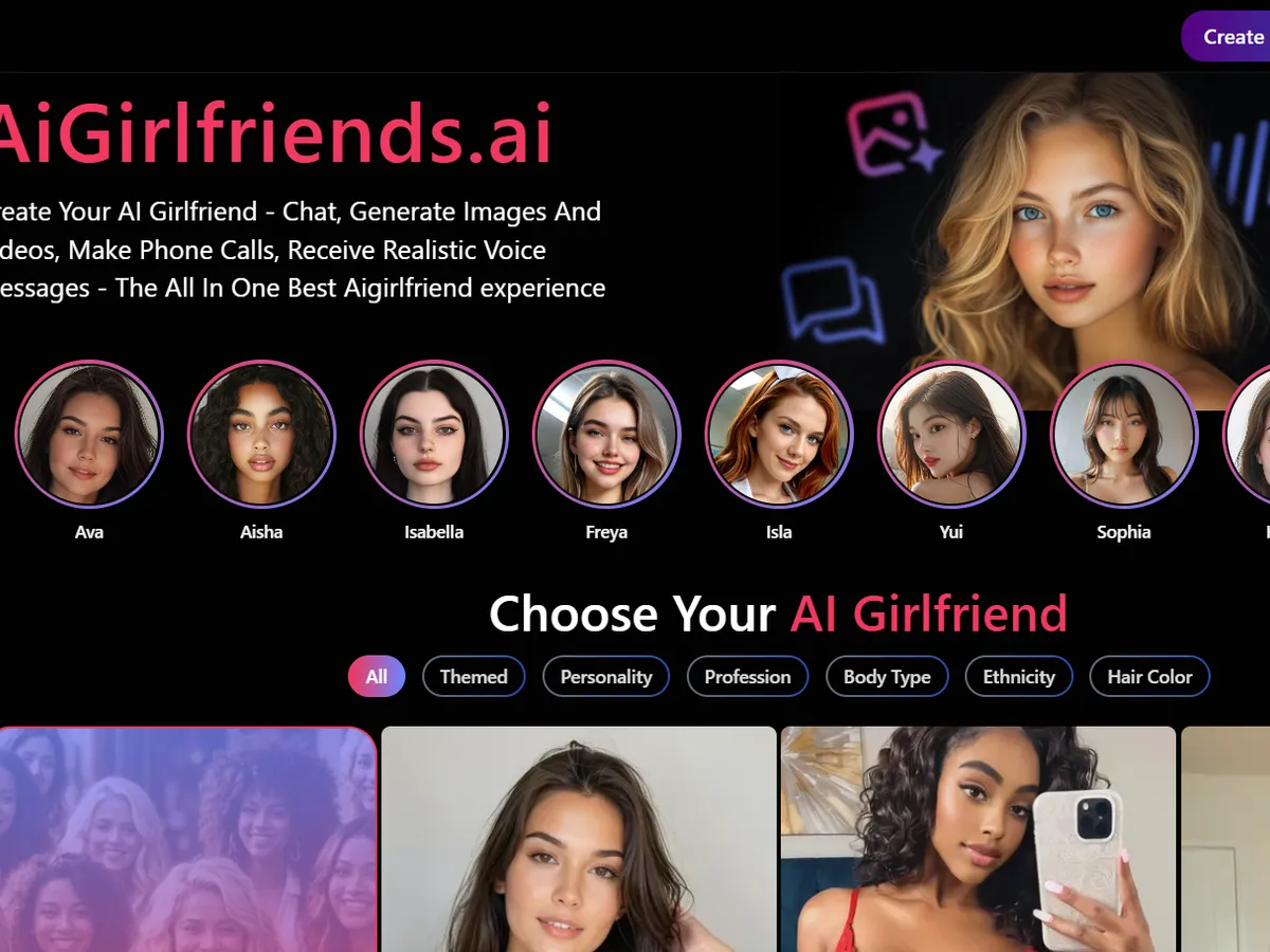 A capture of the AiGirlfriends.ai homepage, showing the AI companion gallery and profile browsing screen