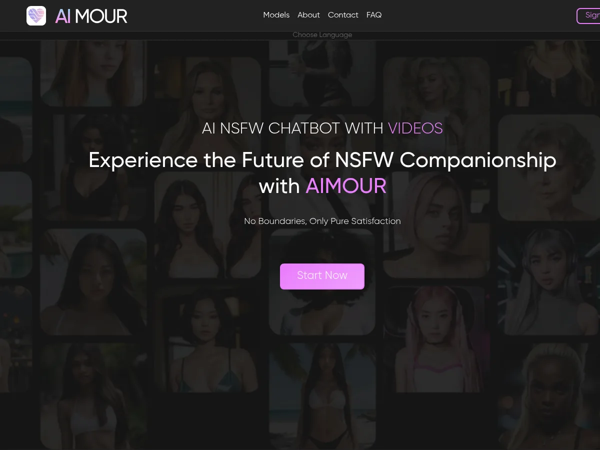 A heavily blurred, censored capture of the AIMOUR homepage — only soft shapes are visible, no explicit or readable content