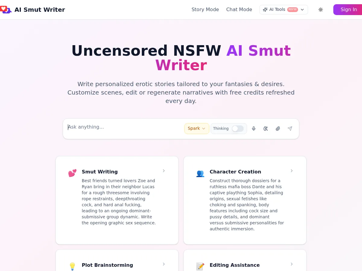 A heavily blurred, censored capture of the AI Smut Writer homepage — only soft shapes are visible, no explicit or readable content