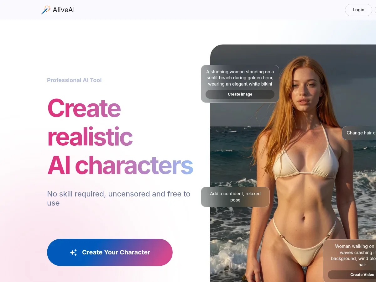 A heavily blurred, censored capture of the AliveAI homepage — only soft shapes are visible, no explicit or readable content