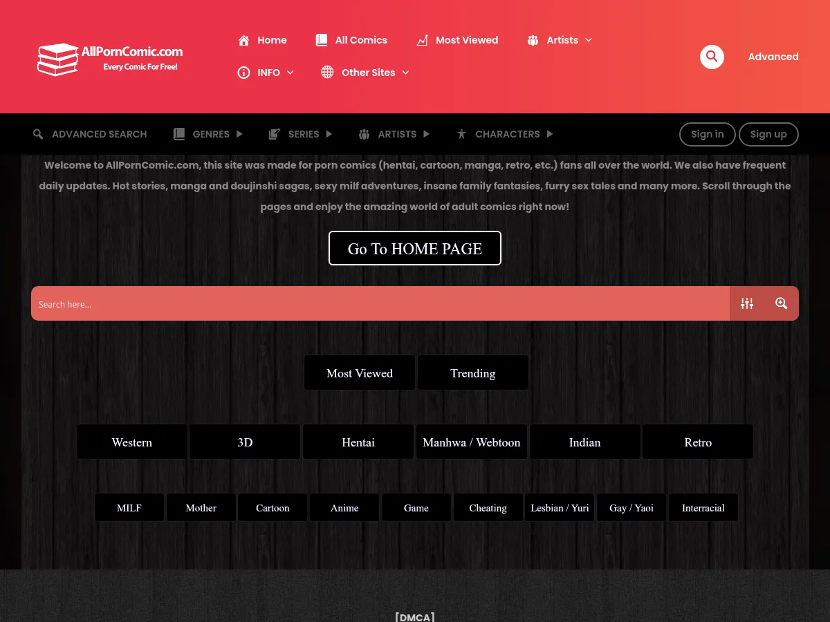 A heavily blurred, censored capture of the AllPornComic homepage โ only soft shapes are visible, no explicit or readable content