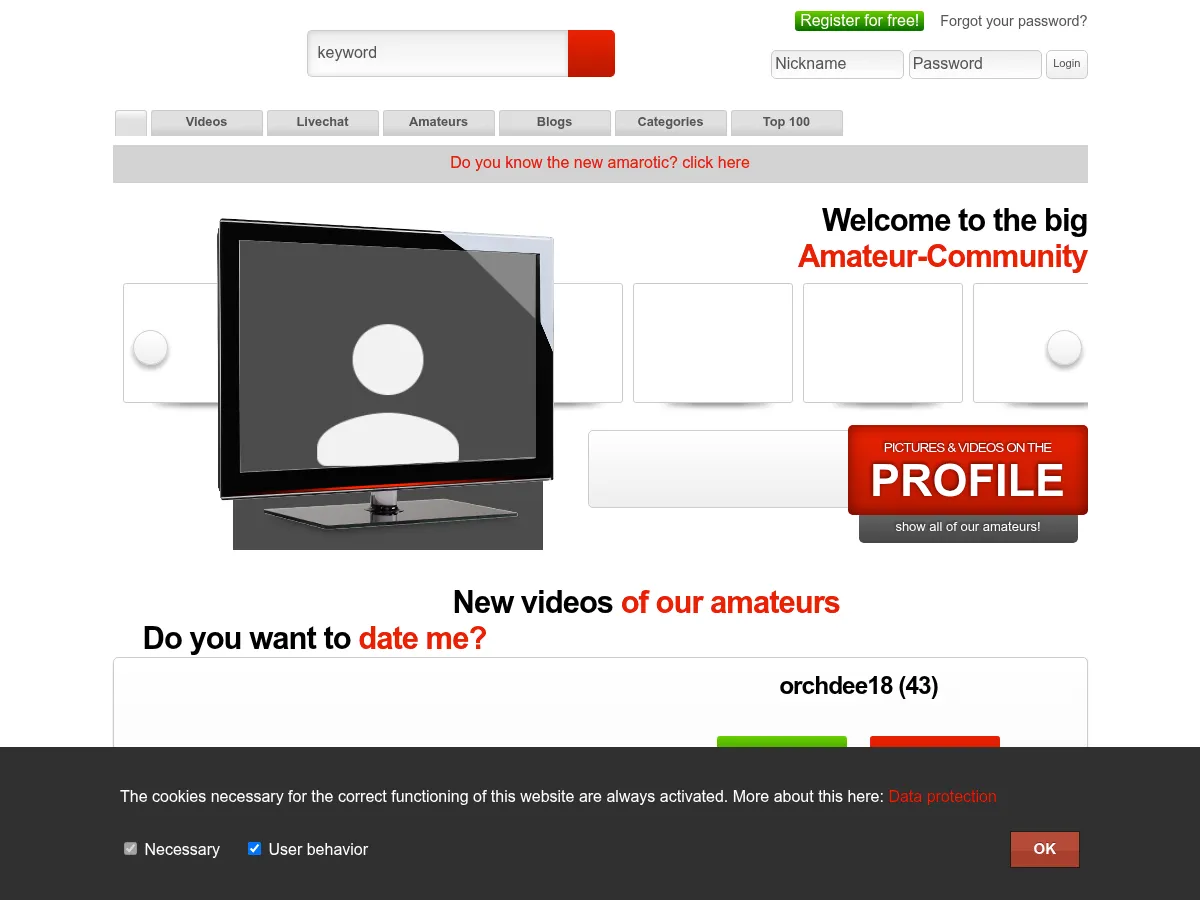 A heavily blurred, censored capture of the Amarotic homepage — only soft shapes are visible, no explicit or readable content