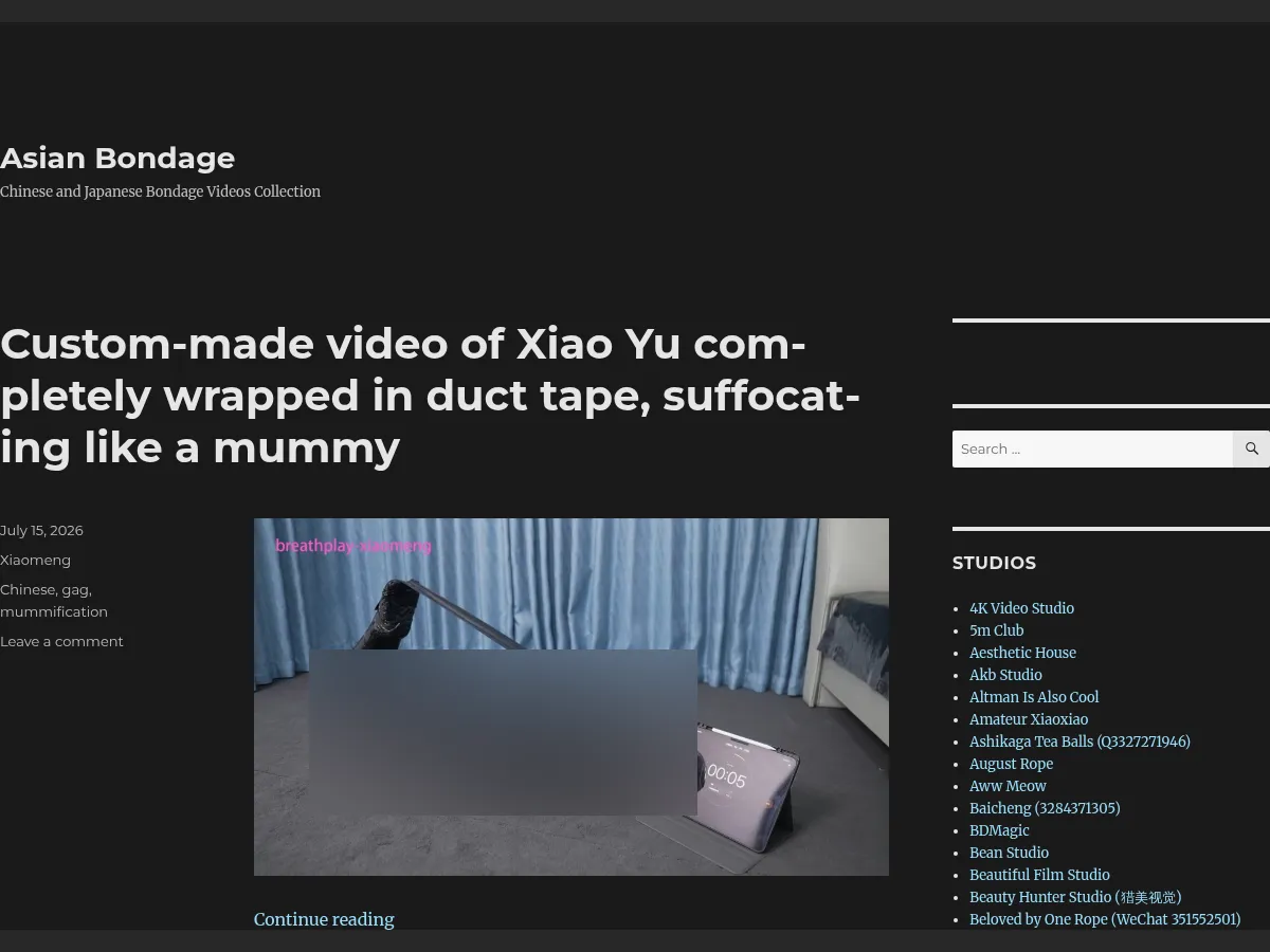 A heavily blurred, censored capture of the Asian Bondage homepage — only soft shapes are visible, no explicit or readable content
