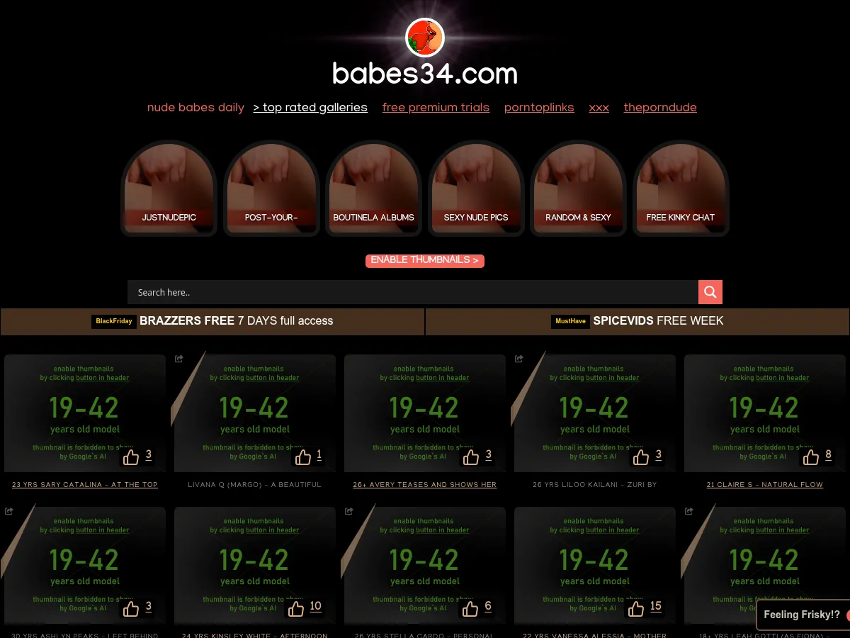 A heavily blurred, censored capture of the Babes34 homepage — only soft shapes are visible, no explicit or readable content