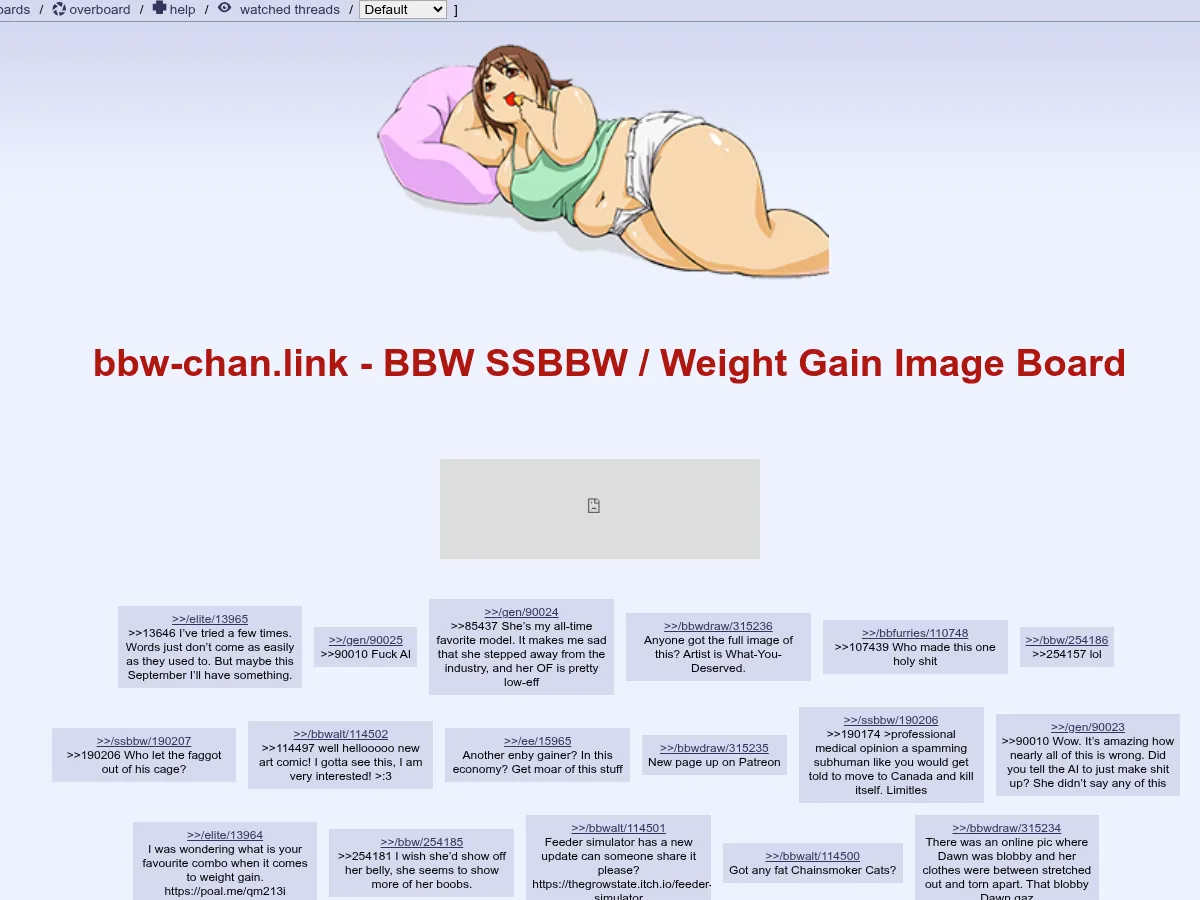 A heavily blurred, censored capture of the BBWChan homepage โ only soft shapes are visible, no explicit or readable content
