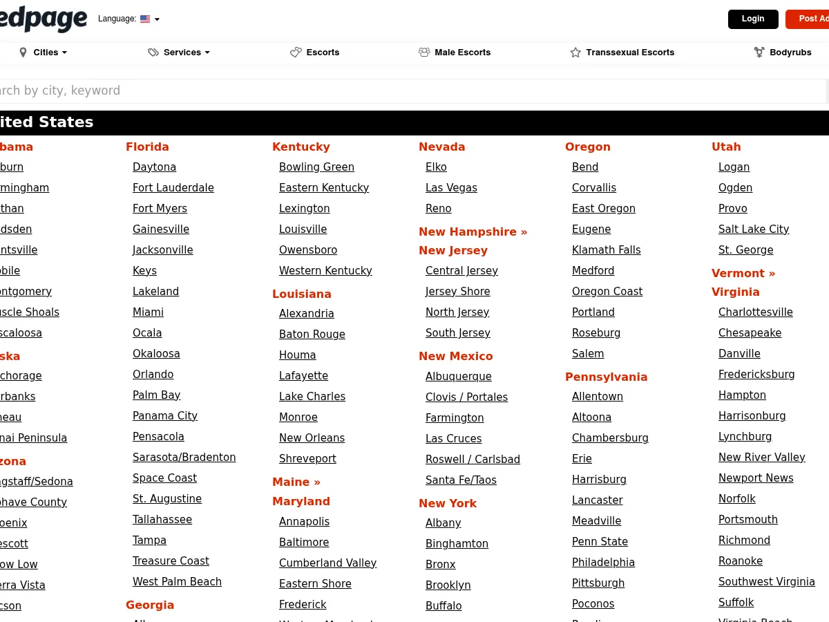 A heavily blurred, censored capture of the BedPage homepage — only soft shapes are visible, no explicit or readable content