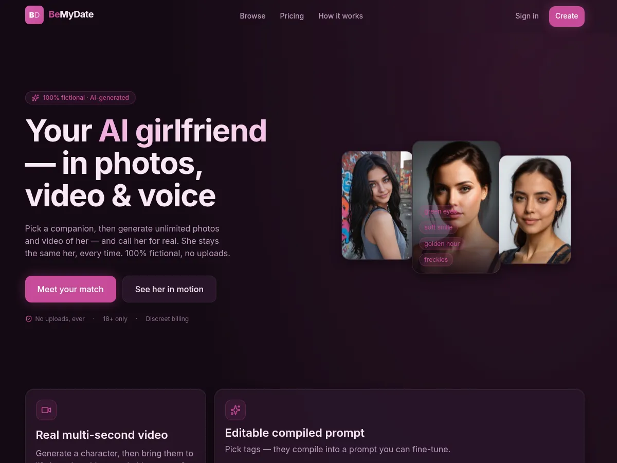 A heavily blurred, censored capture of the BeMyDate homepage — only soft shapes are visible, no explicit or readable content