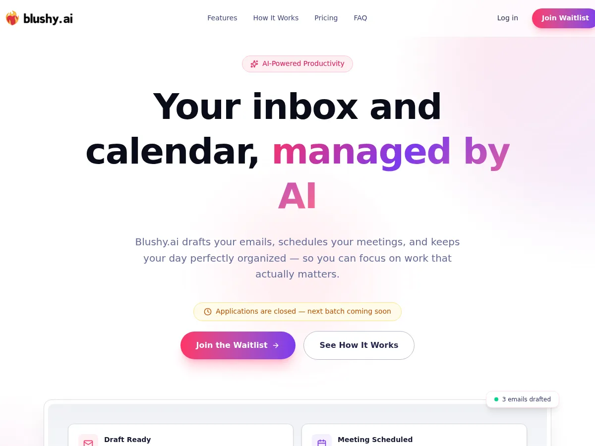 A heavily blurred, censored capture of the Blushy AI homepage — only soft shapes are visible, no explicit or readable content