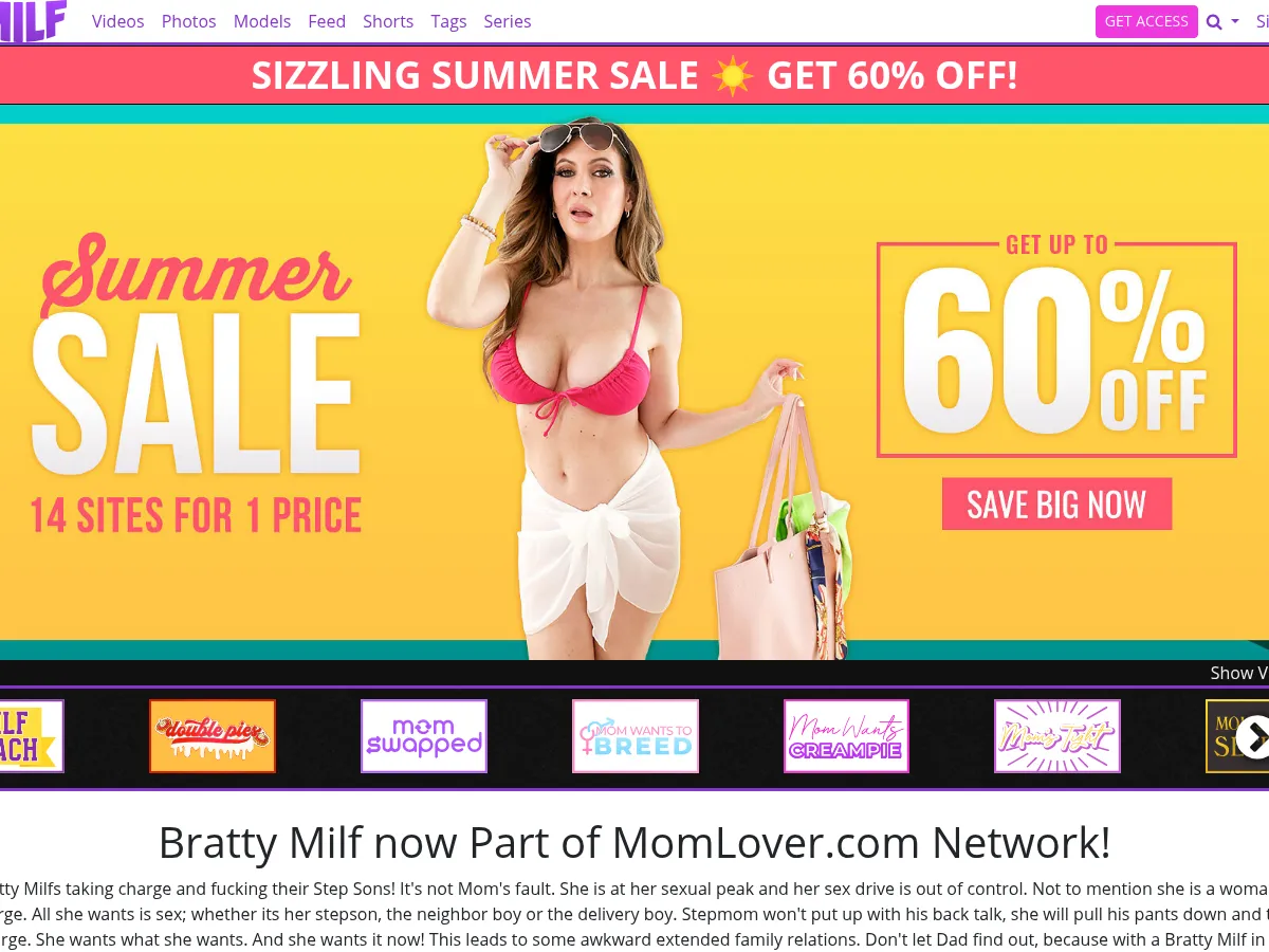 A heavily blurred, censored capture of the Bratty MILF homepage — only soft shapes are visible, no explicit or readable content