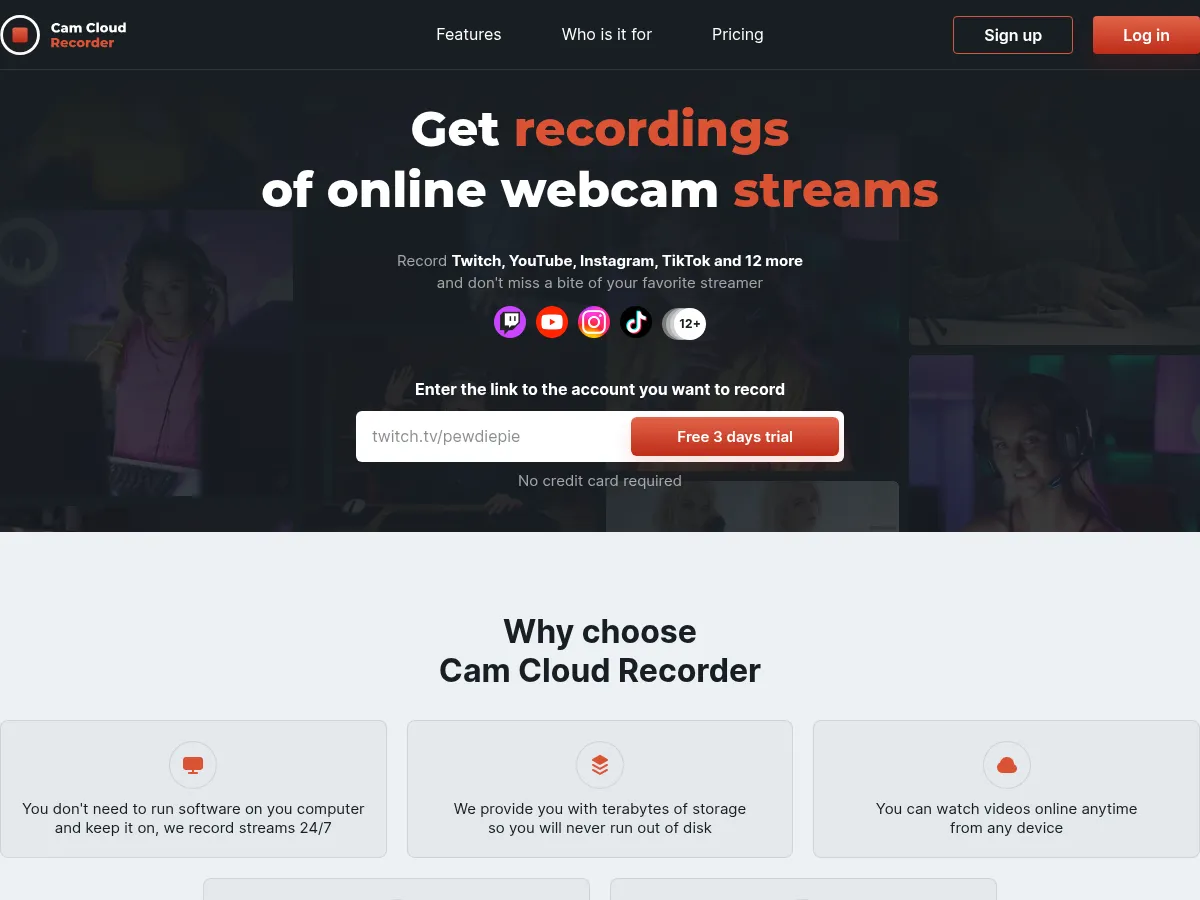A heavily blurred, censored capture of the CamCloudRecorder homepage — only soft shapes are visible, no explicit or readable content