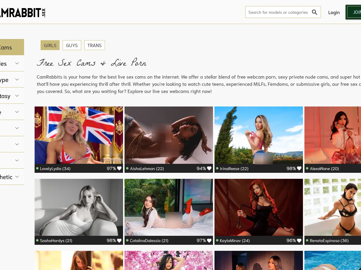 A heavily blurred, censored capture of the Cam Rabbit homepage — only soft shapes are visible, no explicit or readable content