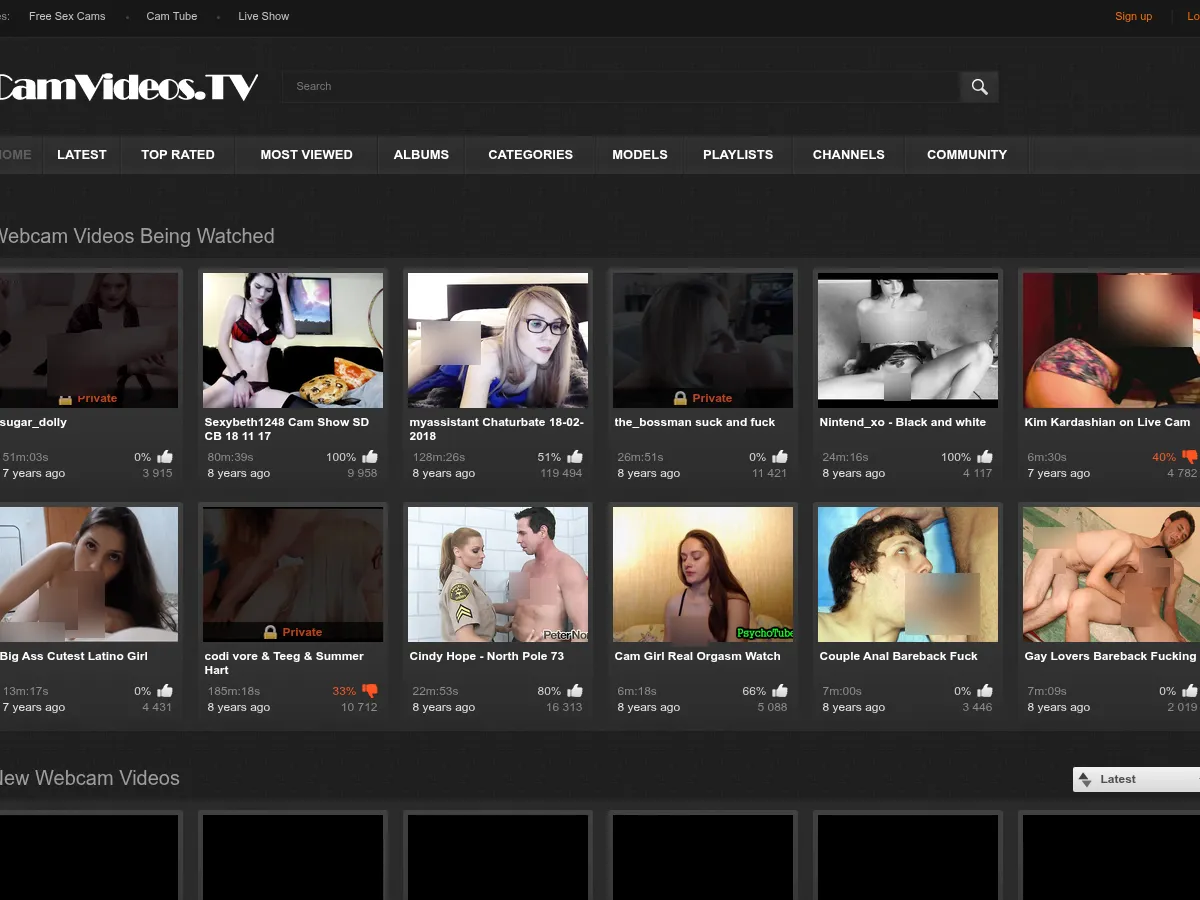 A heavily blurred, censored capture of the CamVideos homepage โ only soft shapes are visible, no explicit or readable content