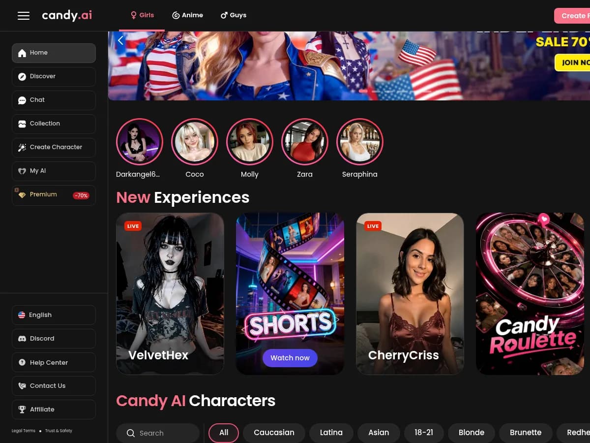 A heavily blurred, censored capture of the Candy AI homepage — only soft shapes are visible, no explicit or readable content