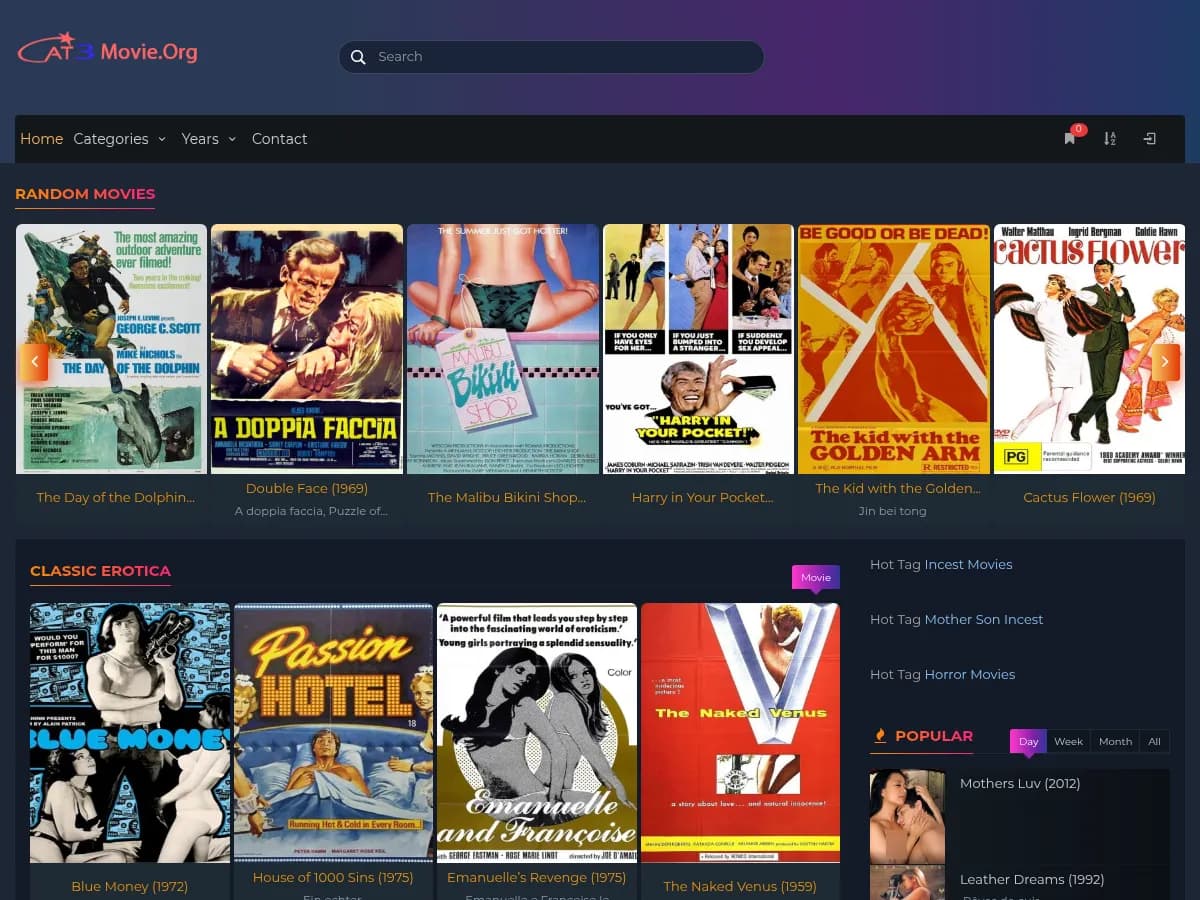A heavily blurred, censored capture of the Cat3Movie homepage — only soft shapes are visible, no explicit or readable content