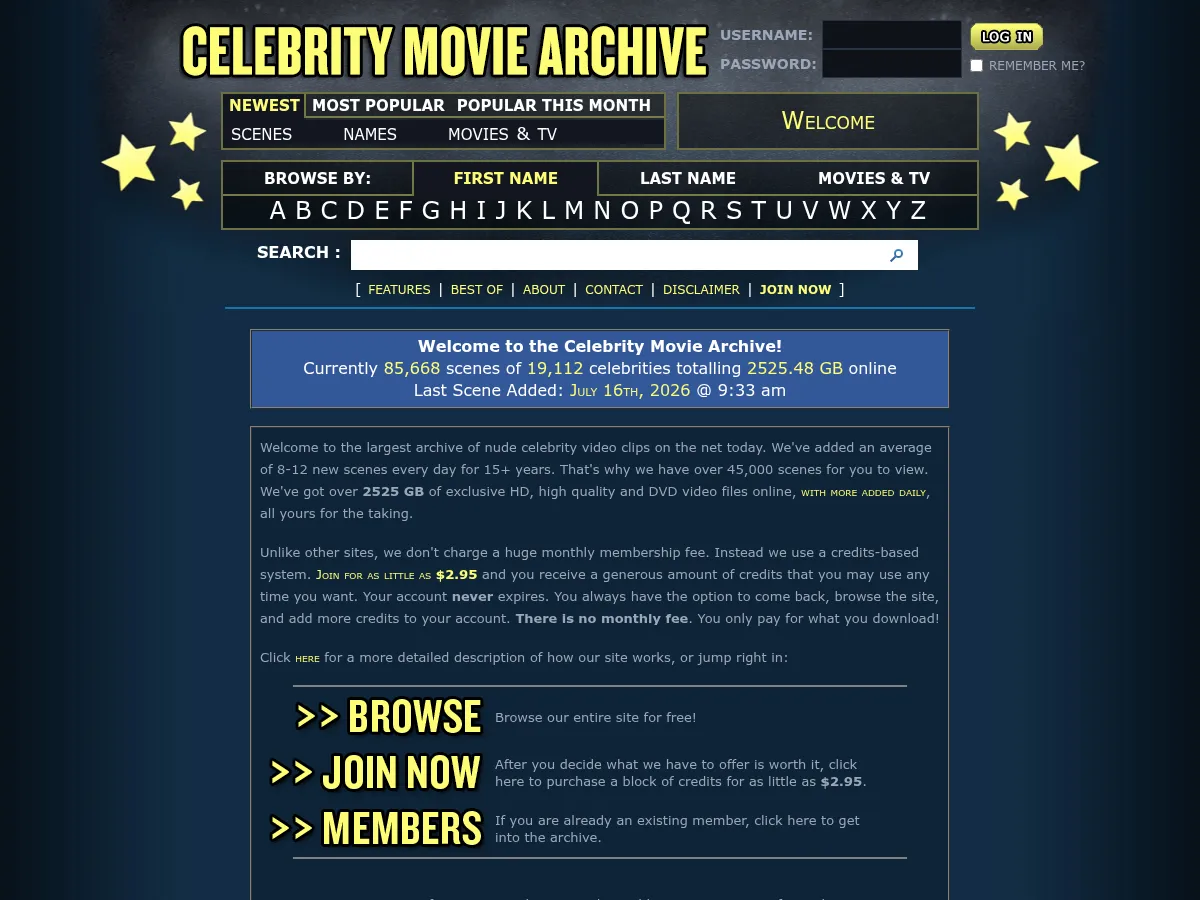 A heavily blurred, censored capture of the Celebrity Movie Archive homepage — only soft shapes are visible, no explicit or readable content