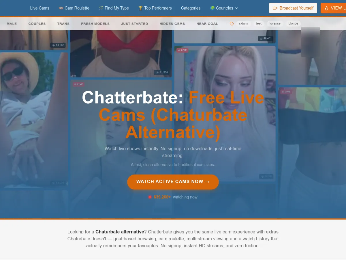 A heavily blurred, censored capture of the Chatterbate homepage — only soft shapes are visible, no explicit or readable content