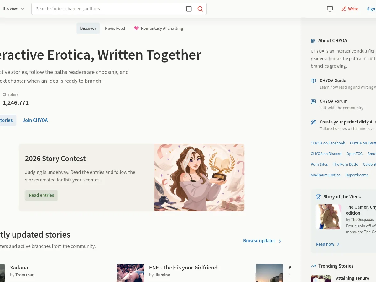 A heavily blurred, censored capture of the CHYOA homepage — only soft shapes are visible, no explicit or readable content
