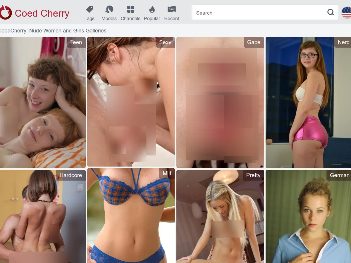 A heavily blurred, censored capture of the Coed Cherry homepage — only soft shapes are visible, no explicit or readable content