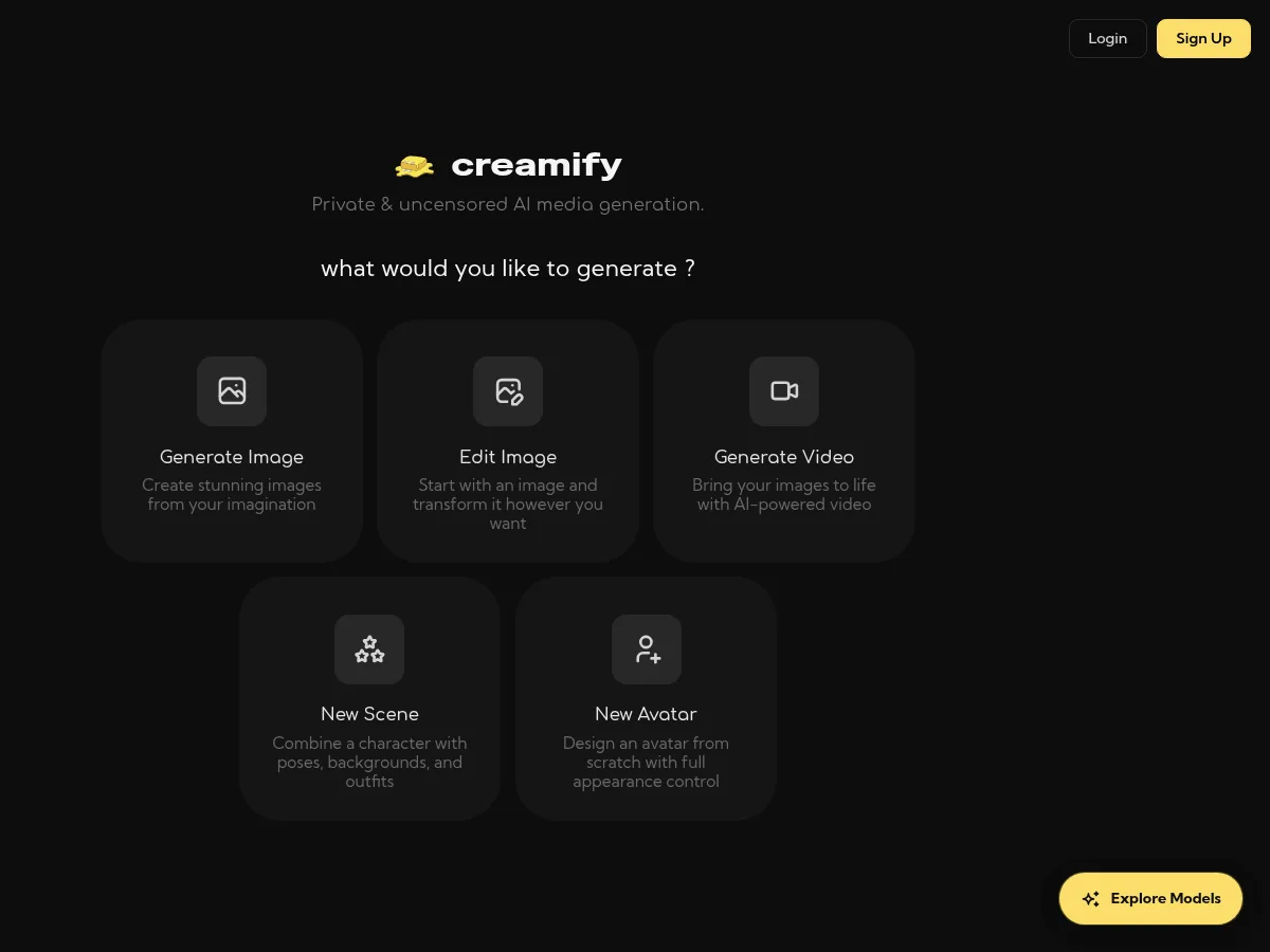 A heavily blurred, censored capture of the Creamify AI homepage — only soft shapes are visible, no explicit or readable content