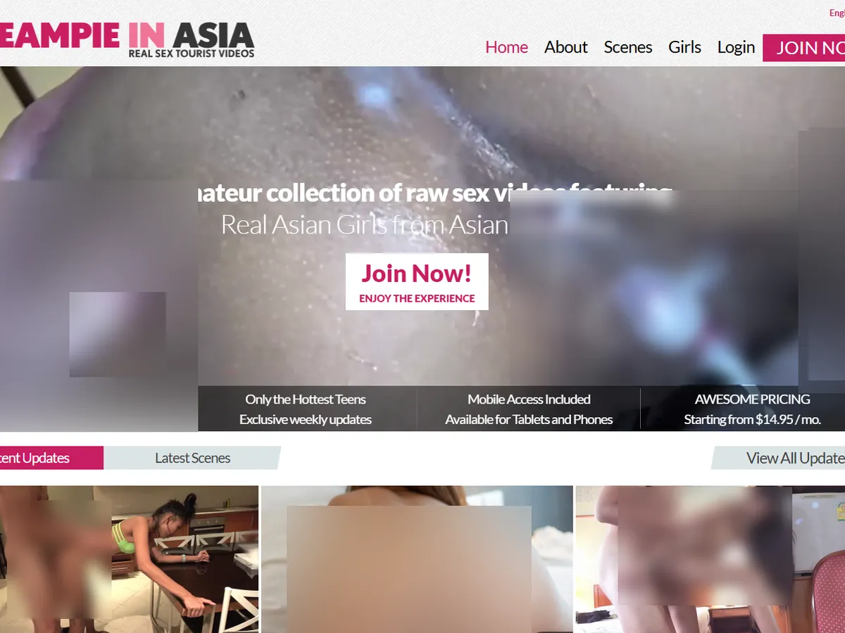 A heavily blurred, censored capture of the Creampie In Asia homepage โ only soft shapes are visible, no explicit or readable content