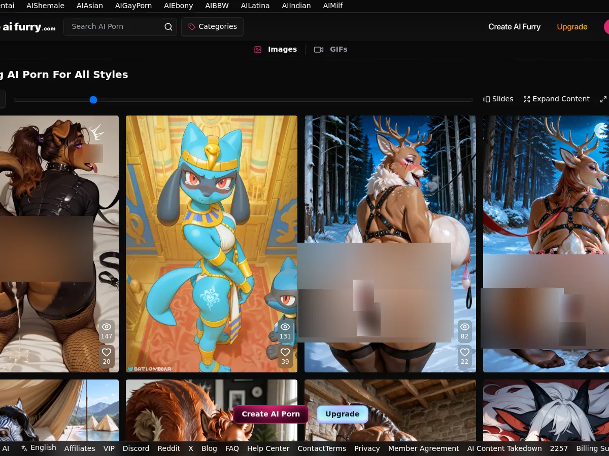 A heavily blurred, censored capture of the CreateAIFurry homepage — only soft shapes are visible, no explicit or readable content