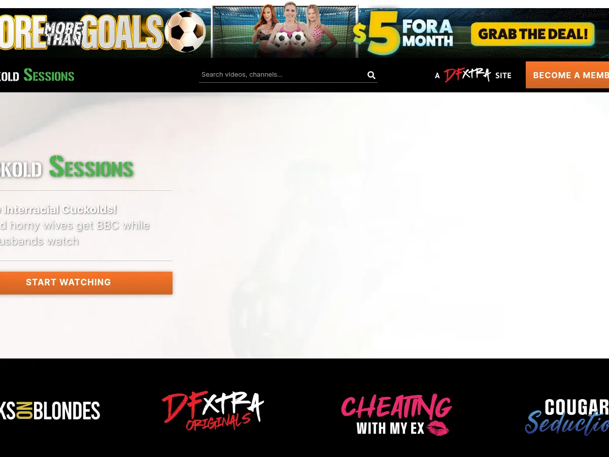A heavily blurred, censored capture of the Cuckold Sessions homepage โ only soft shapes are visible, no explicit or readable content