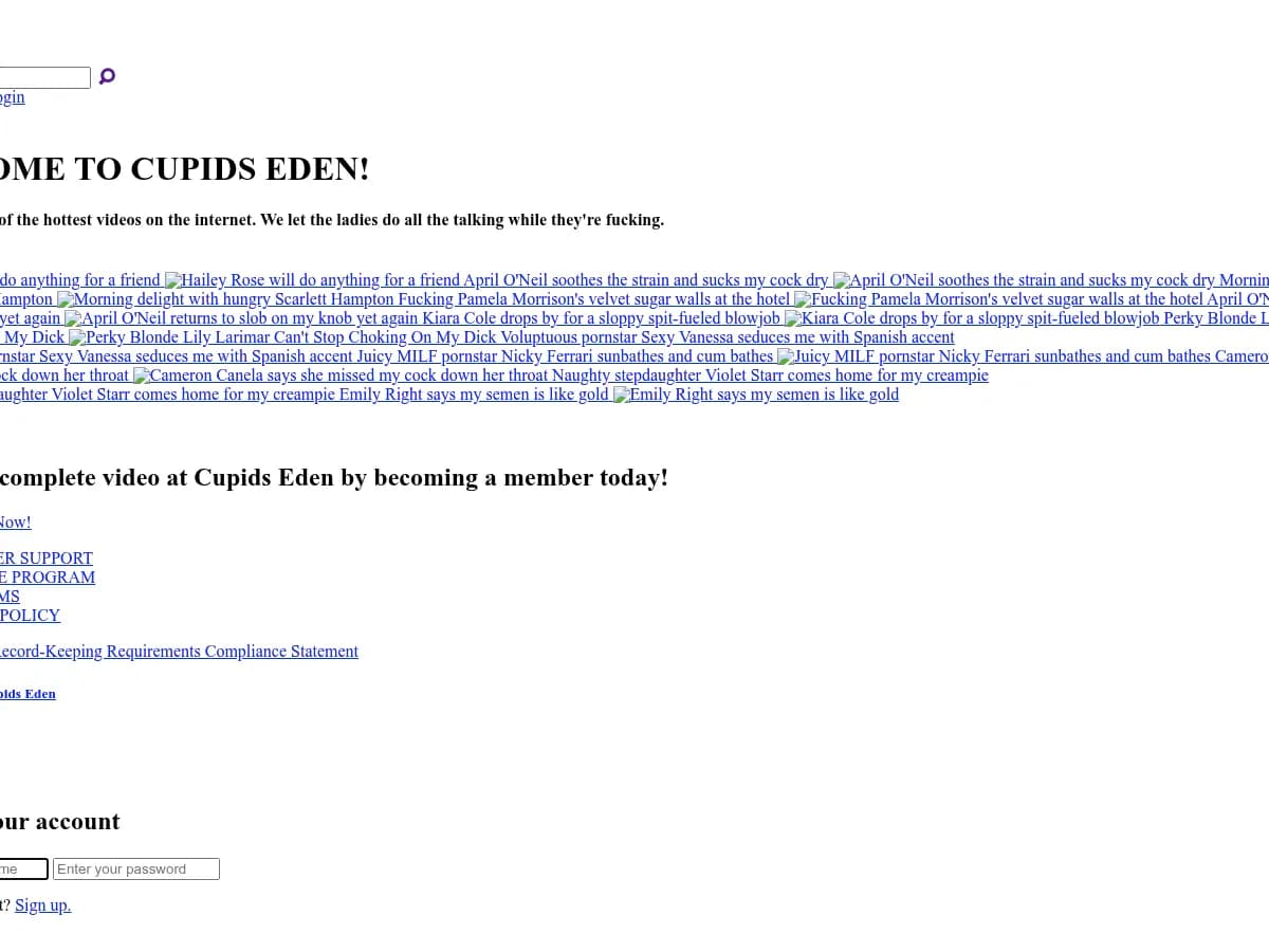 A heavily blurred, censored capture of the Cupids Eden homepage — only soft shapes are visible, no explicit or readable content