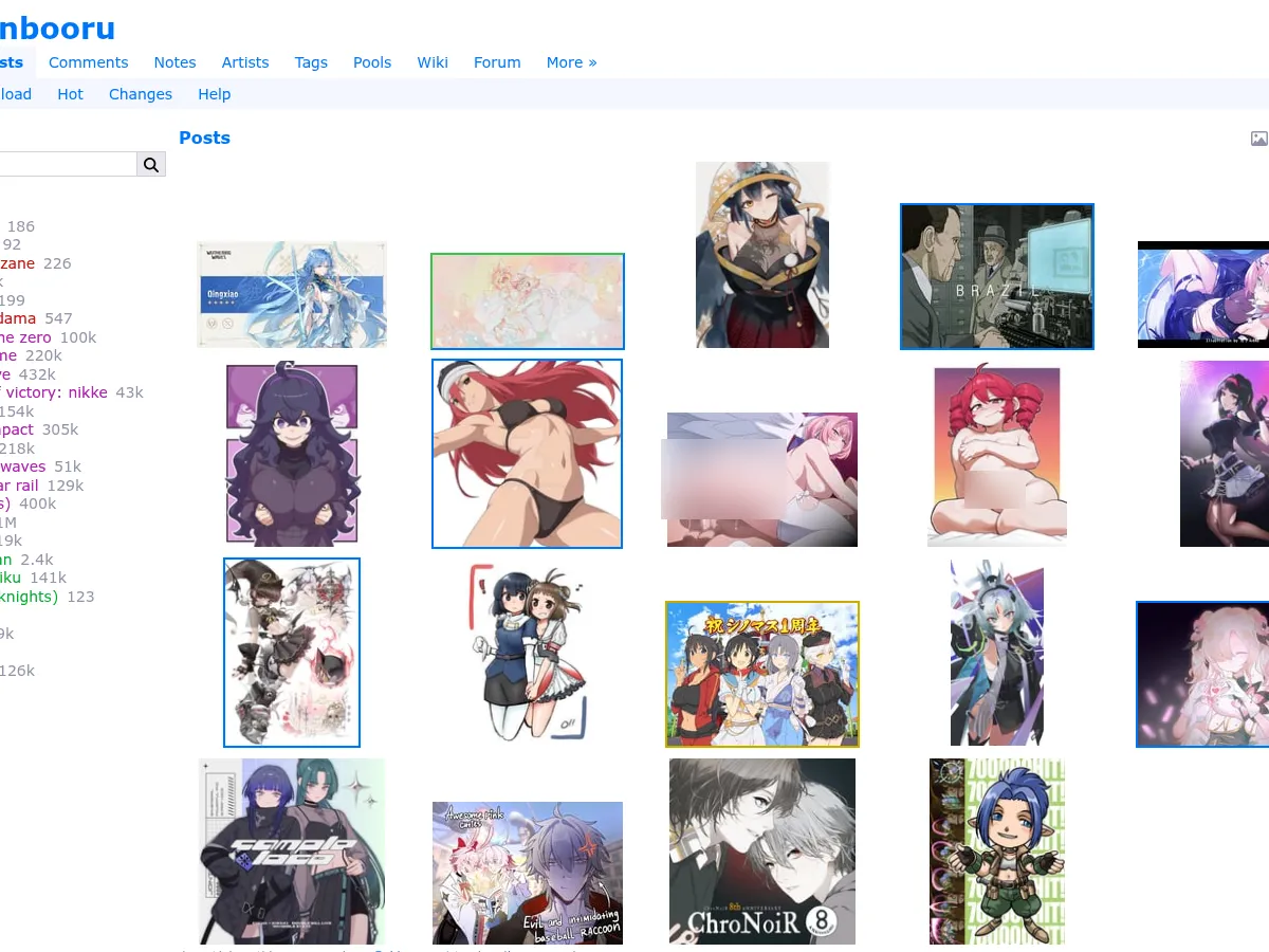A heavily blurred, censored capture of the Danbooru homepage — only soft shapes are visible, no explicit or readable content