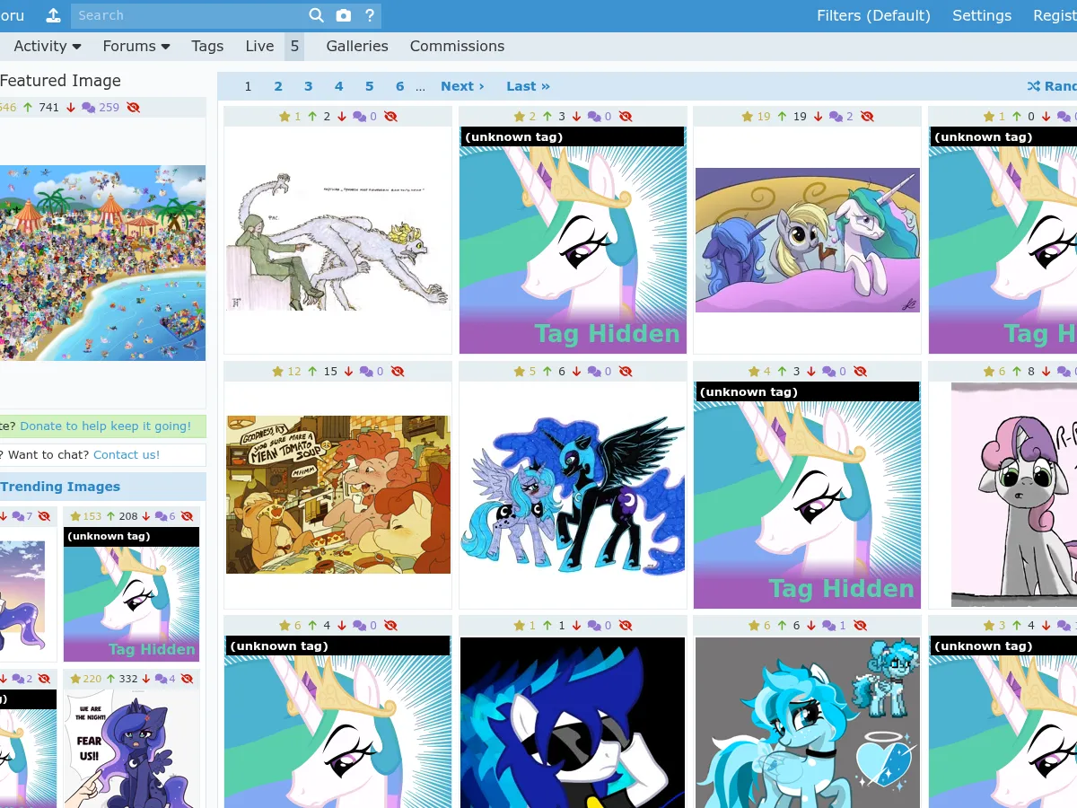 A heavily blurred, censored capture of the Derpibooru homepage — only soft shapes are visible, no explicit or readable content