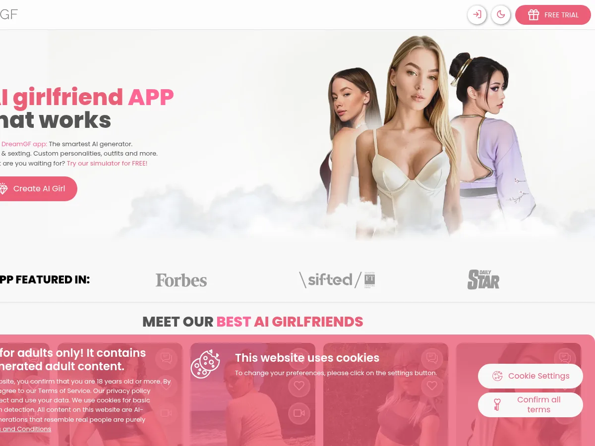 A heavily blurred, censored capture of the DreamGF homepage — only soft shapes are visible, no explicit or readable content