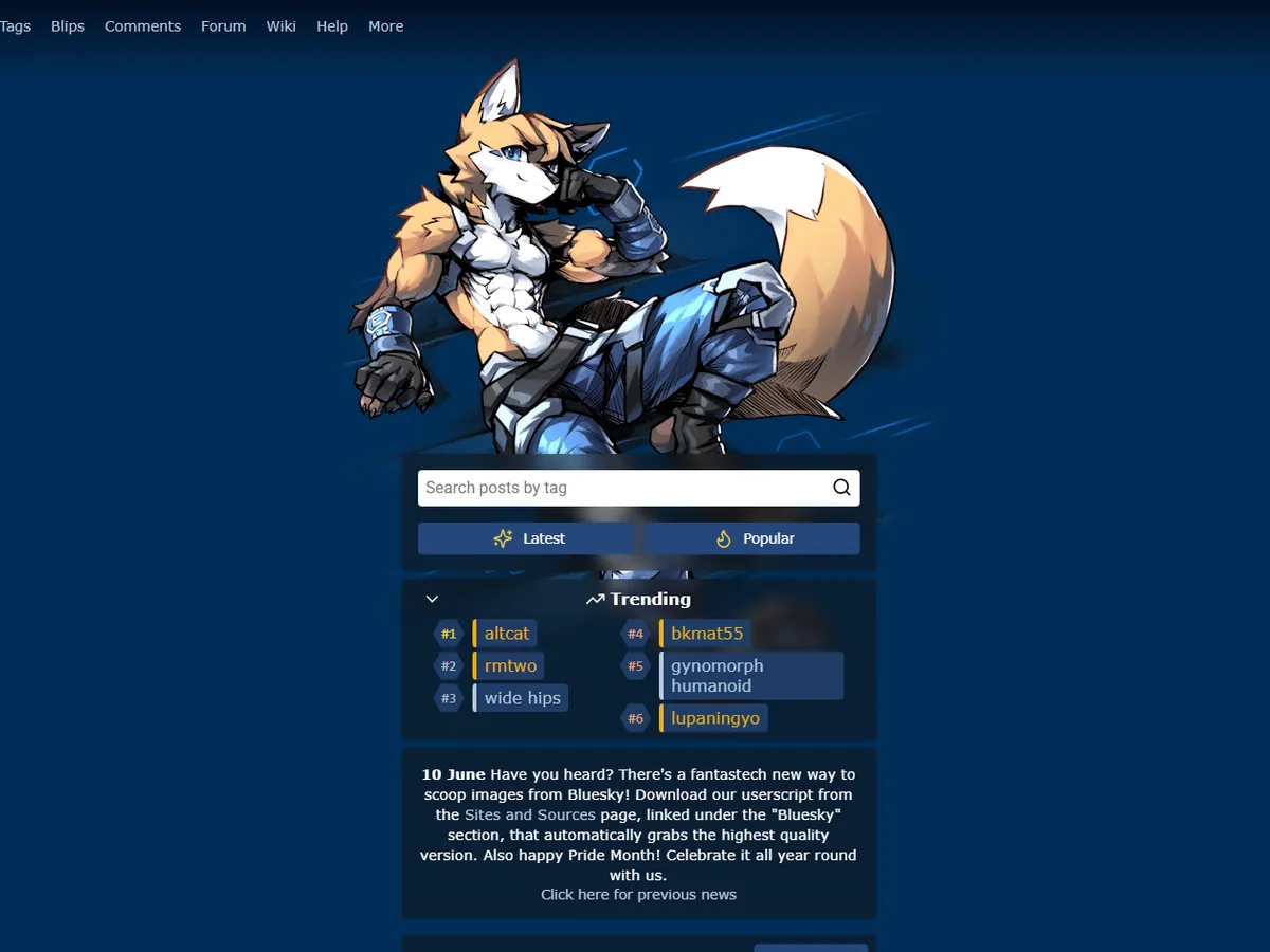 A heavily blurred, censored capture of the E621 homepage — only soft shapes are visible, no explicit or readable content