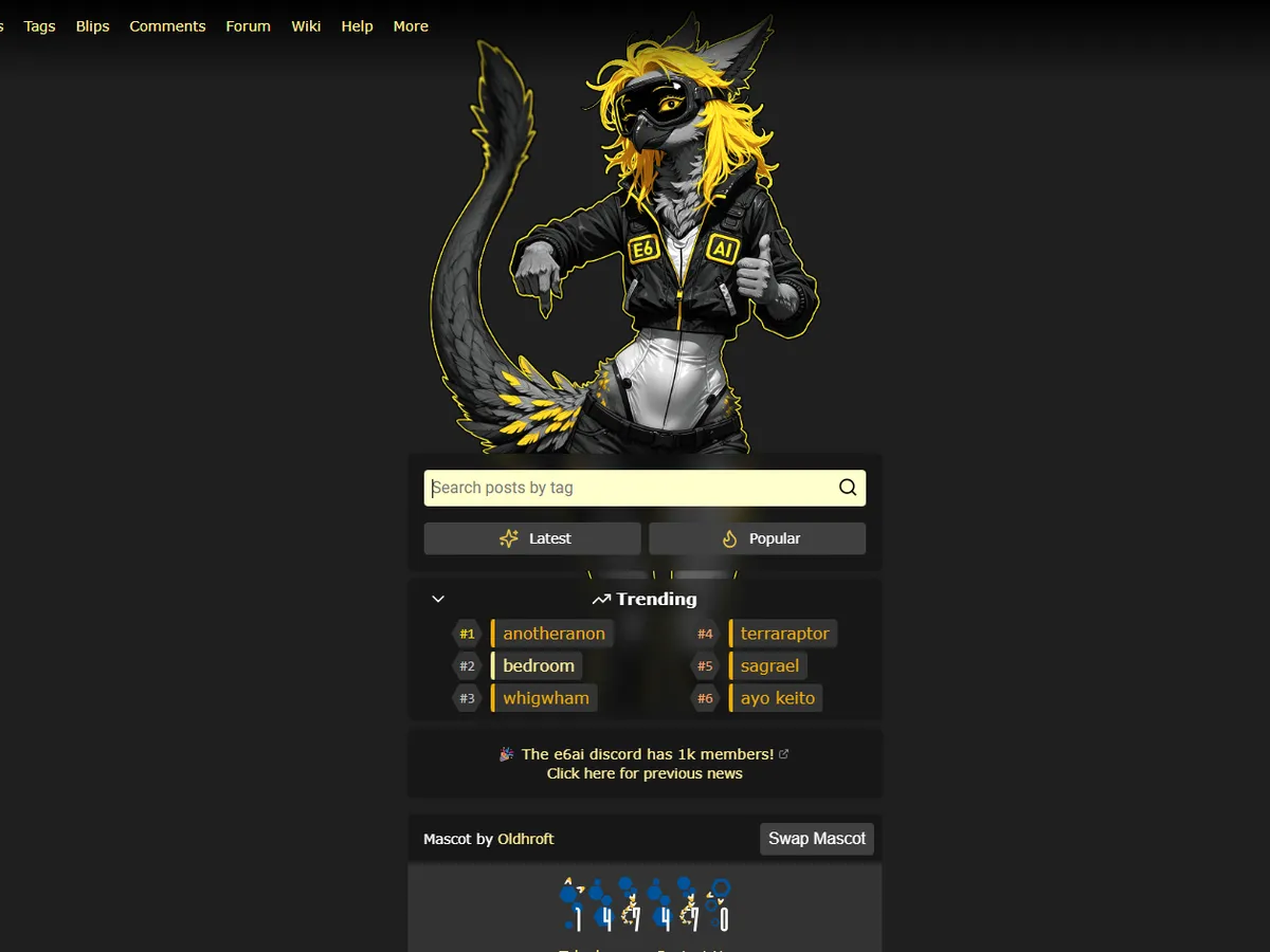 A heavily blurred, censored capture of the e6AI homepage — only soft shapes are visible, no explicit or readable content