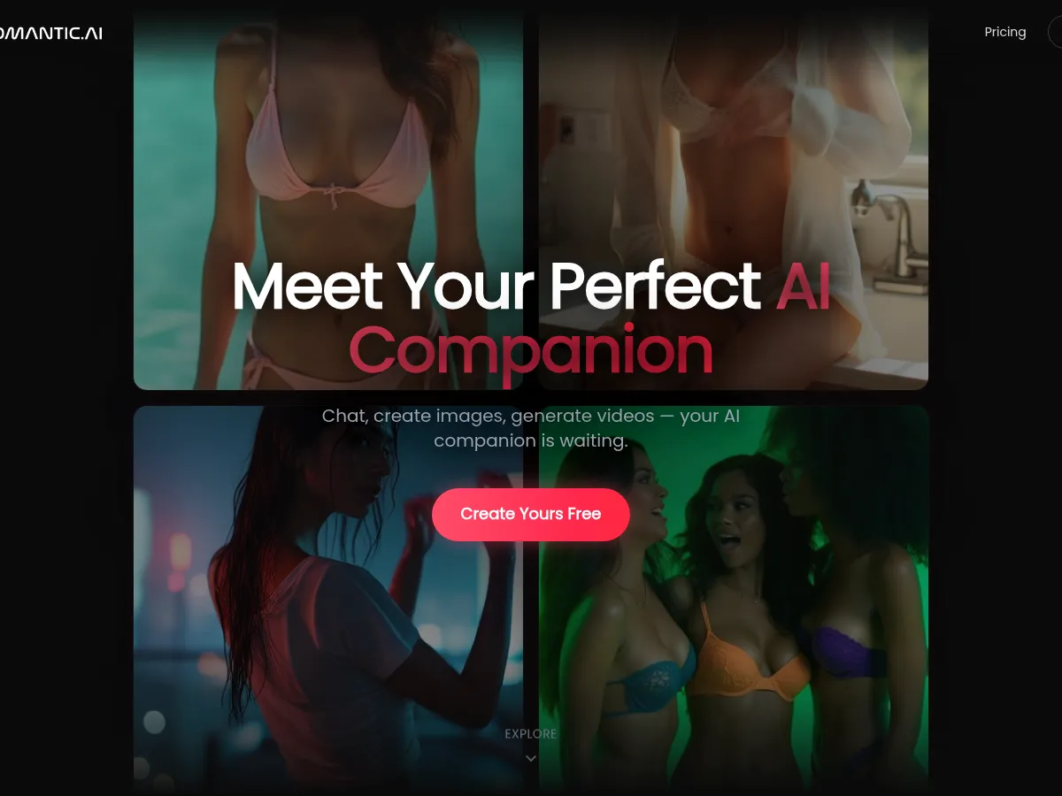 A heavily blurred, censored capture of the Eromantic homepage — only soft shapes are visible, no explicit or readable content