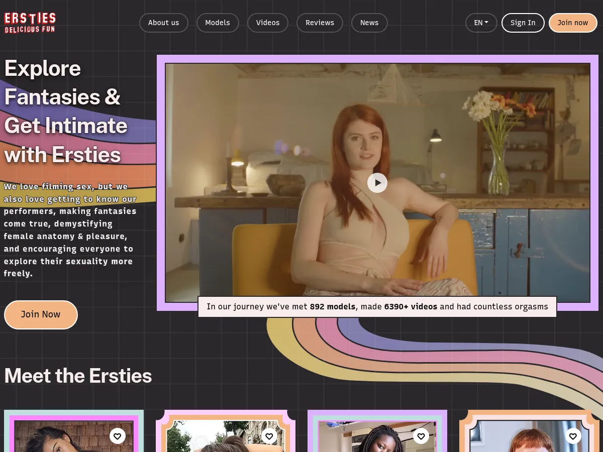 A heavily blurred, censored capture of the Ersties homepage — only soft shapes are visible, no explicit or readable content