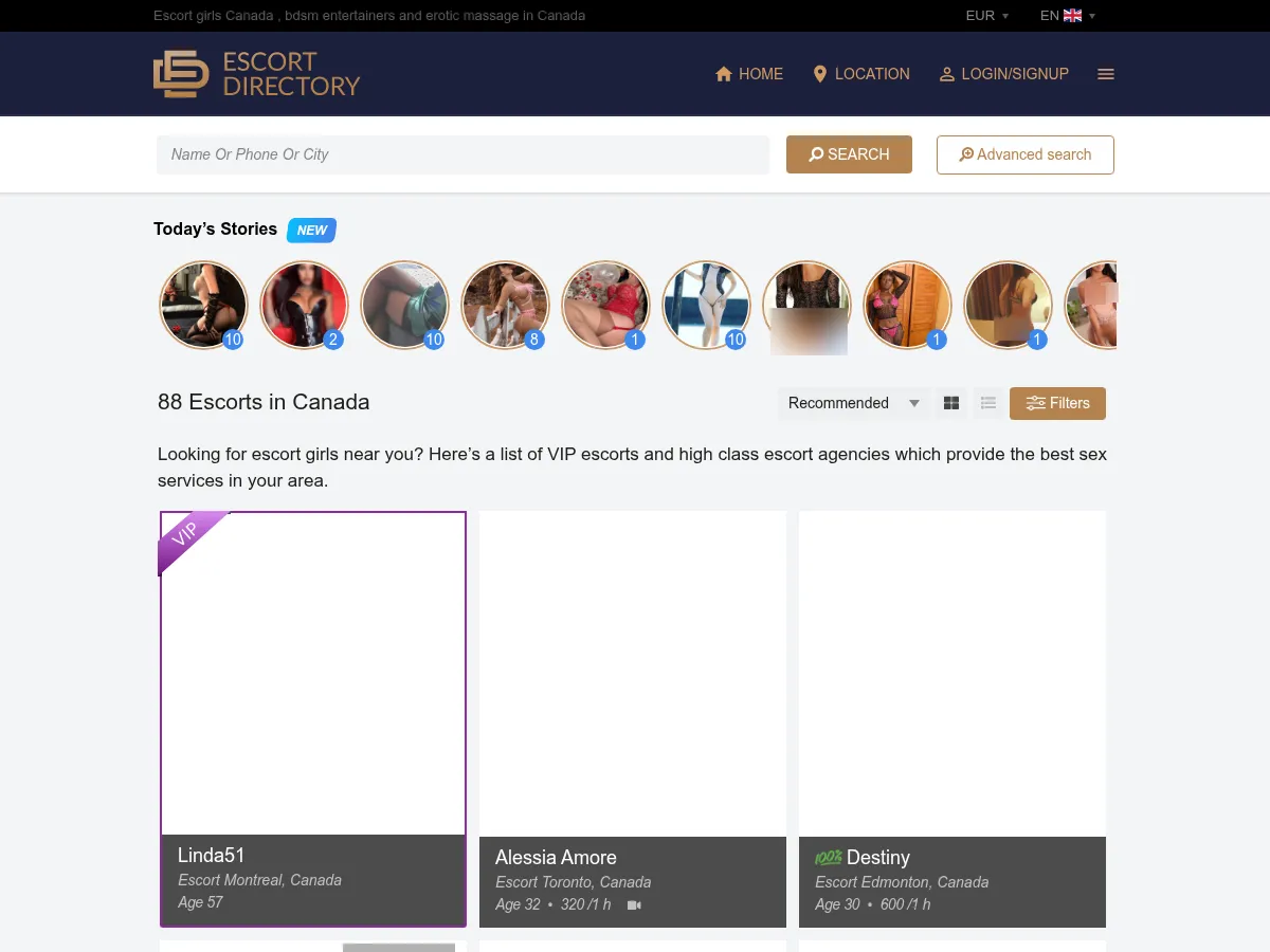 A heavily blurred, censored capture of the Escort Directory homepage โ only soft shapes are visible, no explicit or readable content