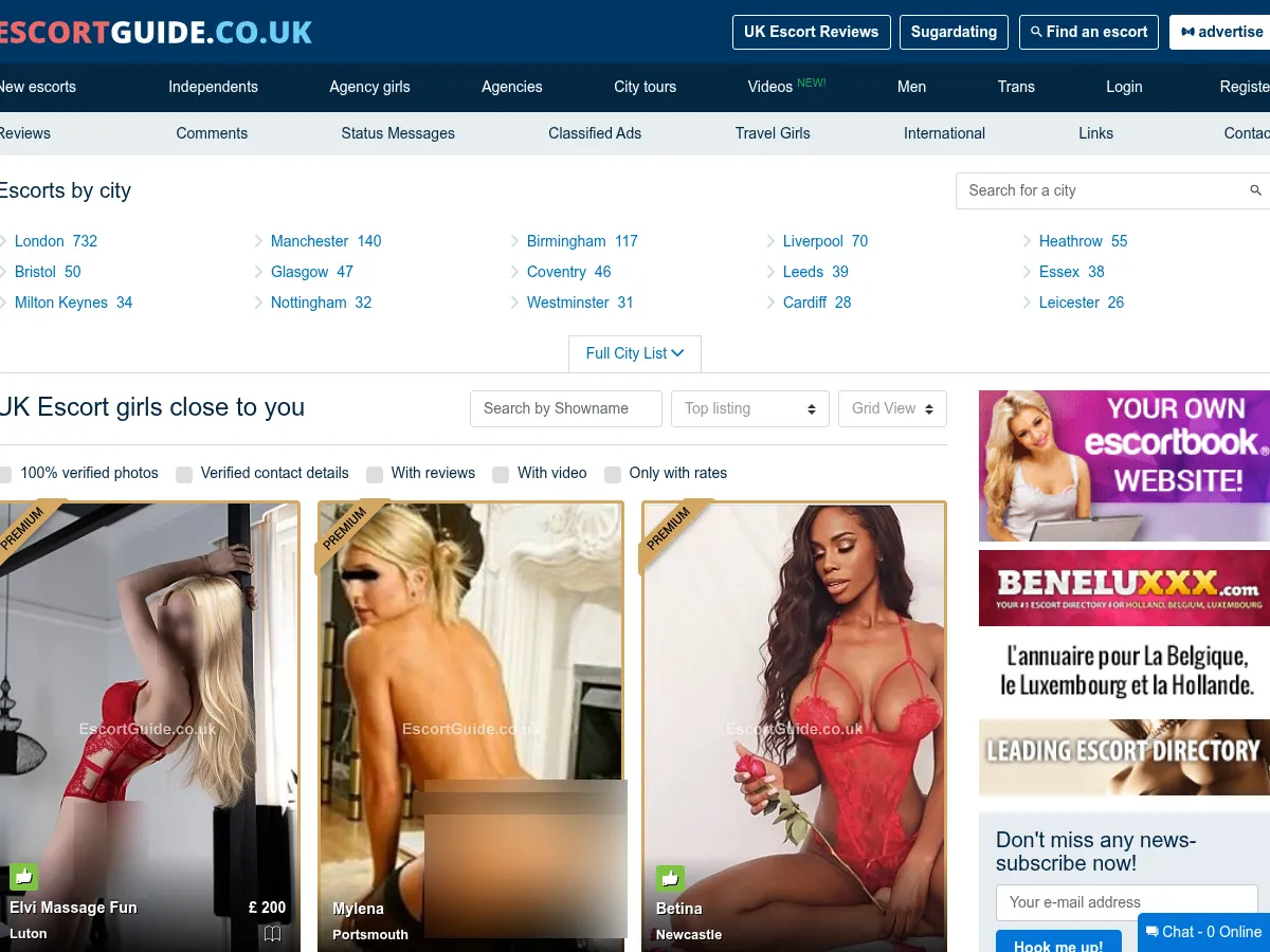 A heavily blurred, censored capture of the EscortGuide.co.uk homepage โ only soft shapes are visible, no explicit or readable content