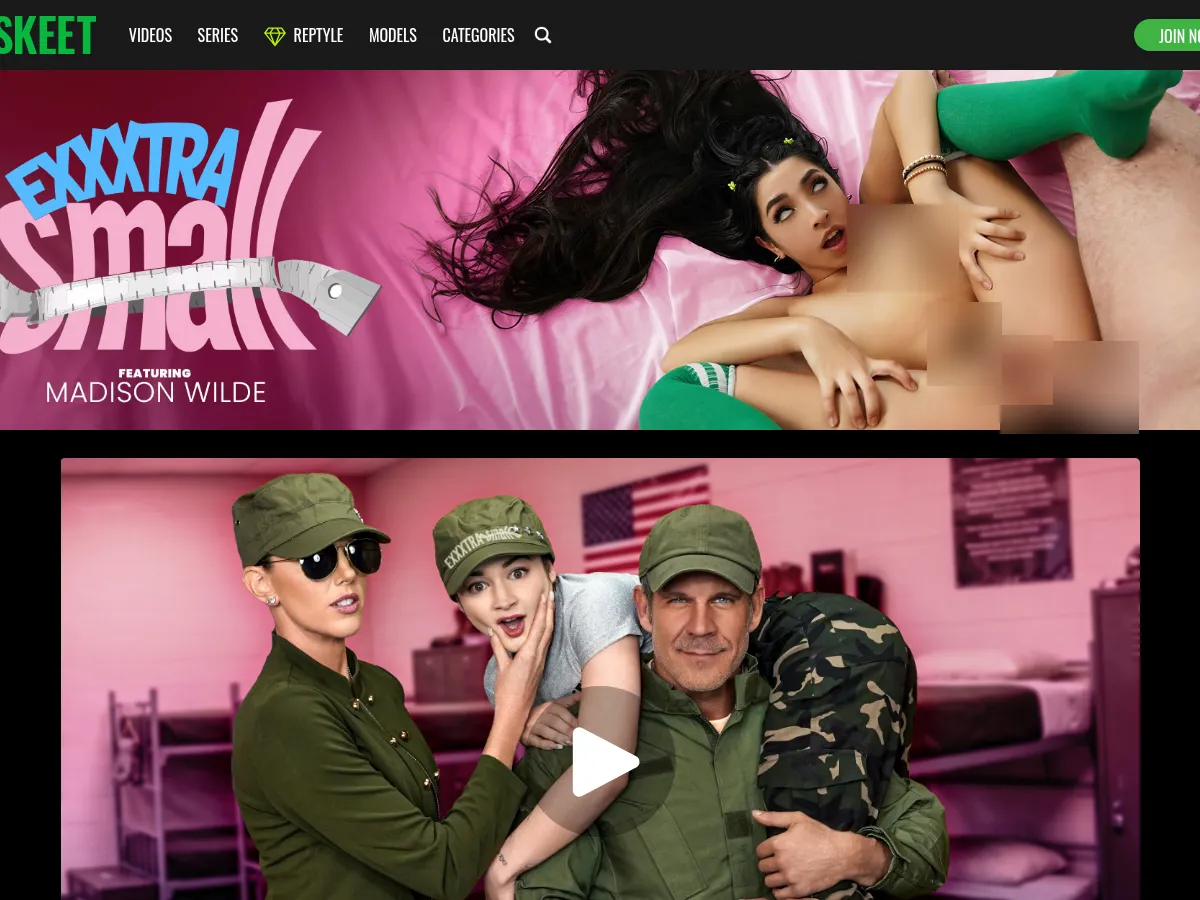 A heavily blurred, censored capture of the ExxxtraSmall homepage โ only soft shapes are visible, no explicit or readable content