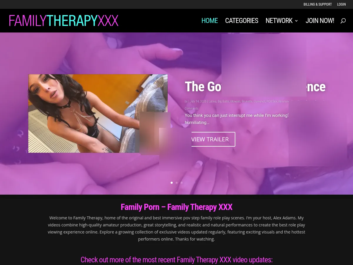 A heavily blurred, censored capture of the Family Therapy XXX homepage โ only soft shapes are visible, no explicit or readable content