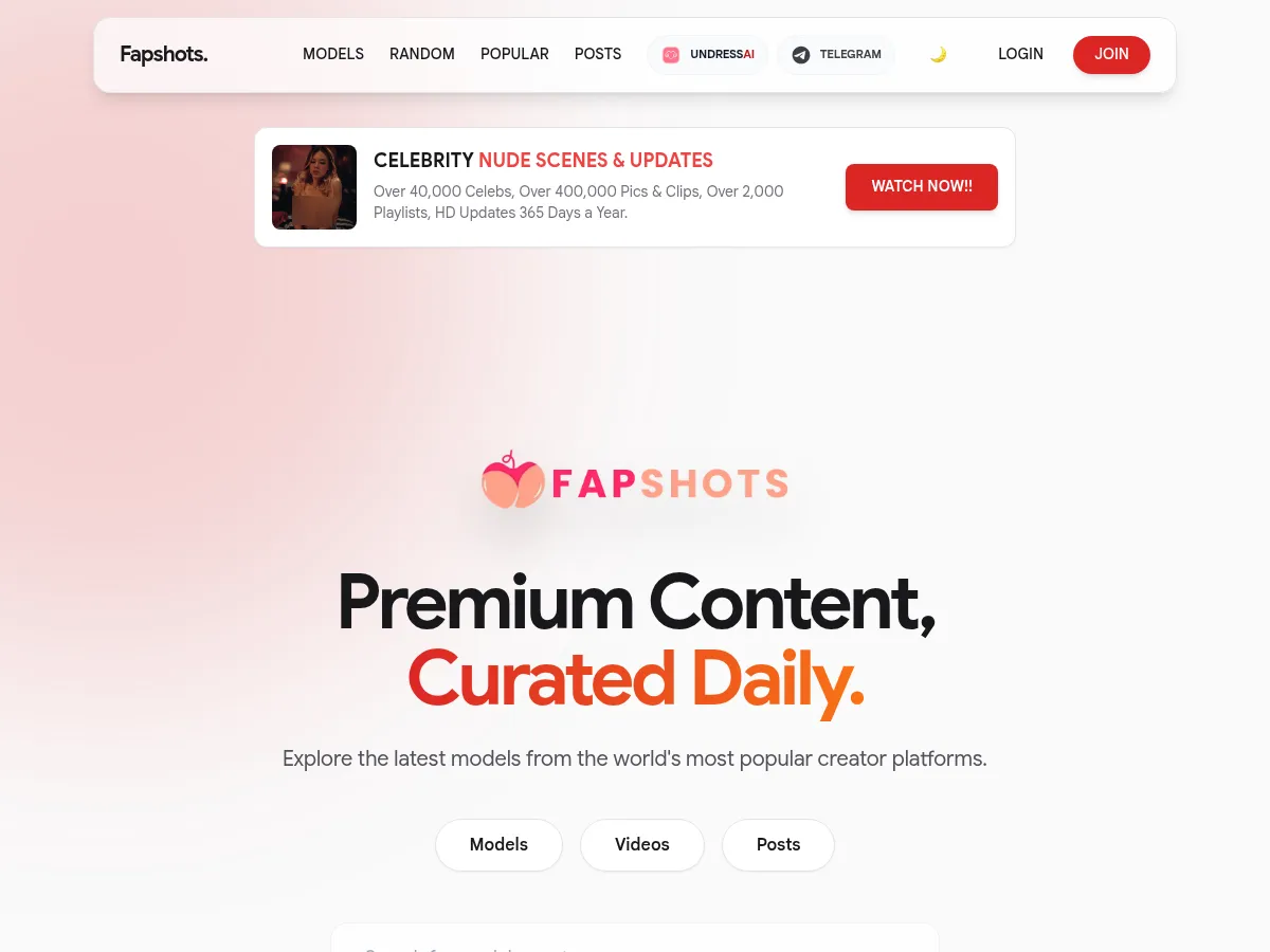 A heavily blurred, censored capture of the FapShots homepage — only soft shapes are visible, no explicit or readable content