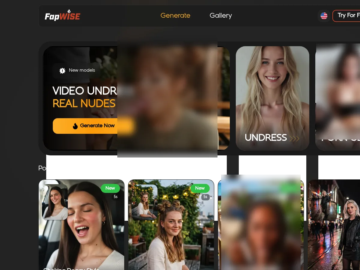 A heavily blurred, censored capture of the FapWise homepage — only soft shapes are visible, no explicit or readable content