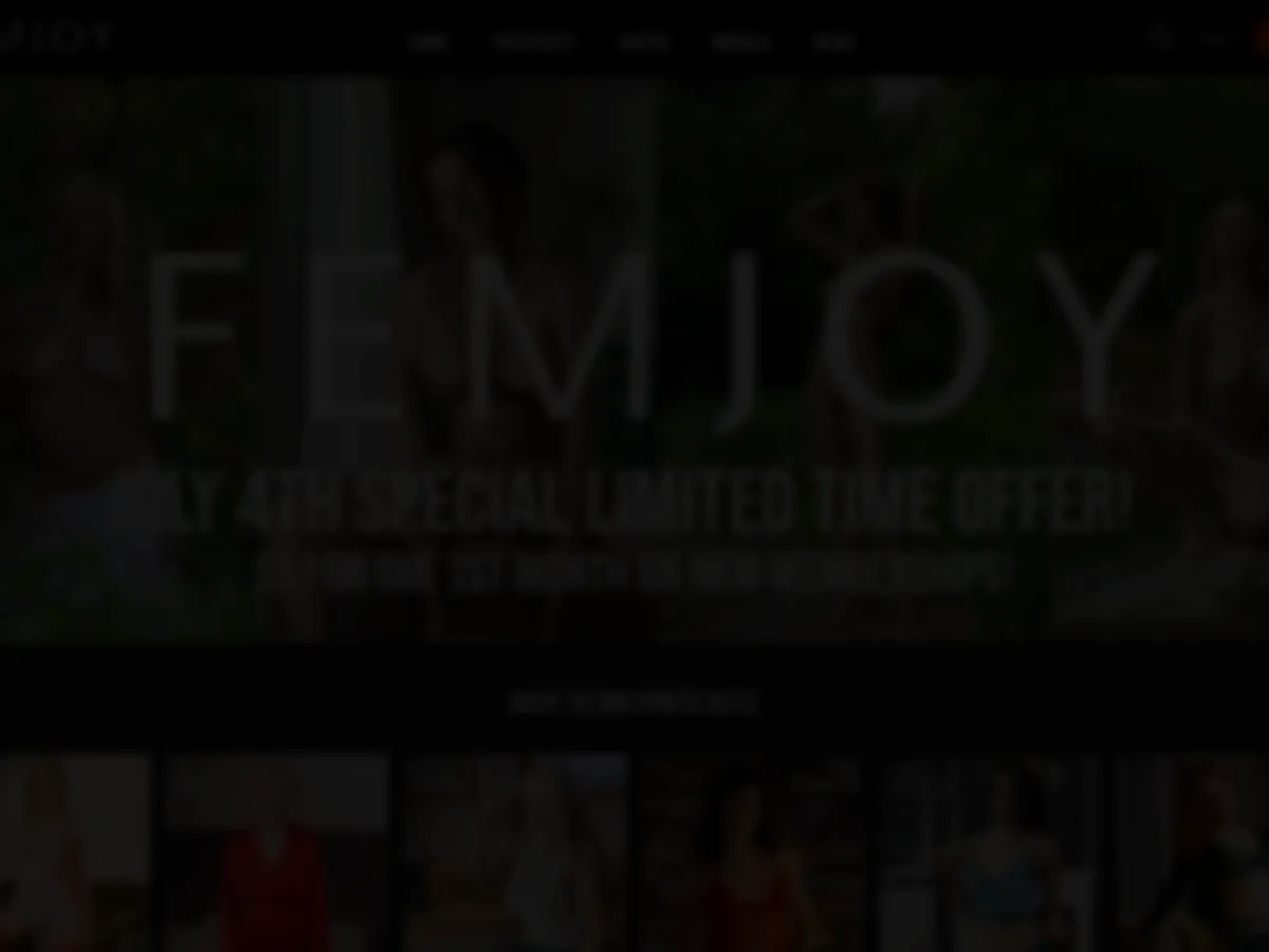 A heavily blurred, censored capture of the Femjoy homepage โ only soft shapes are visible, no explicit or readable content