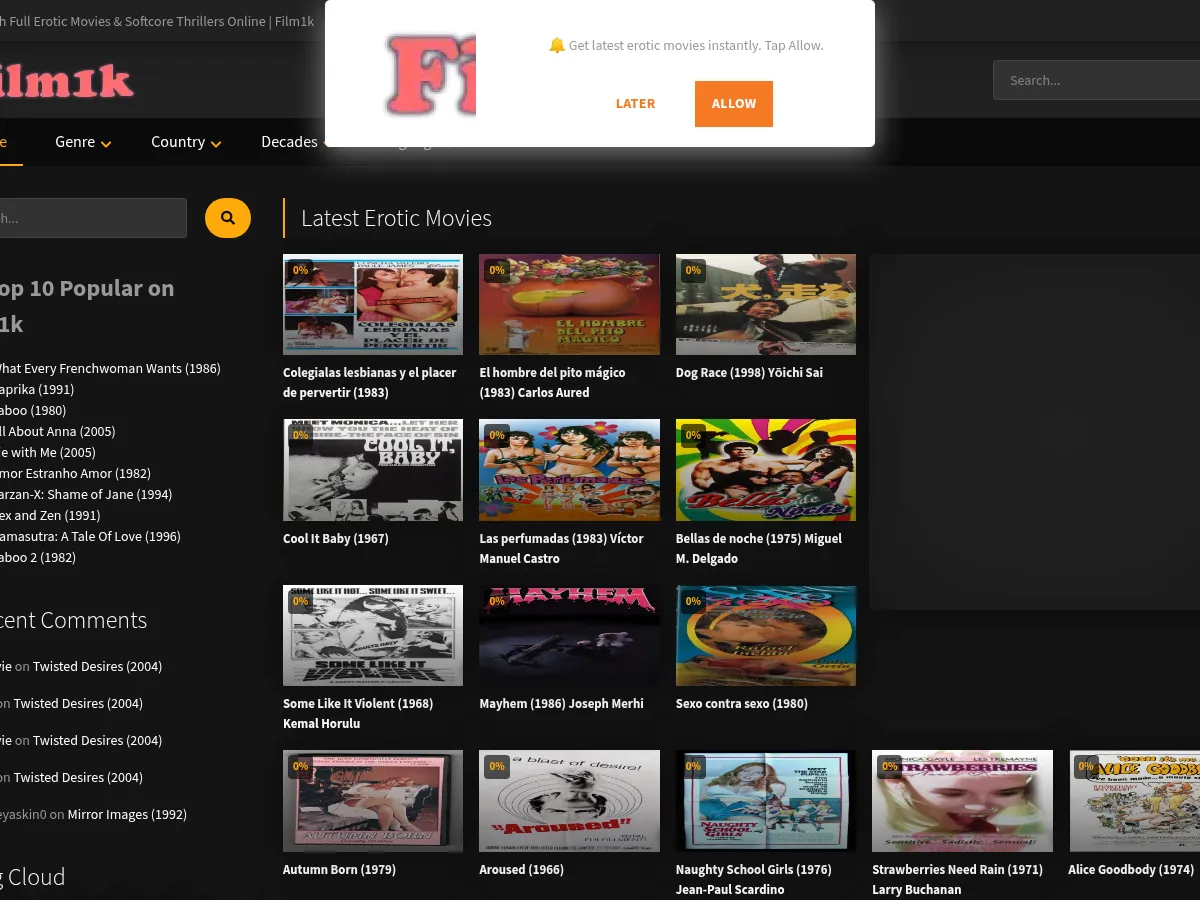 A heavily blurred, censored capture of the Film1k homepage — only soft shapes are visible, no explicit or readable content
