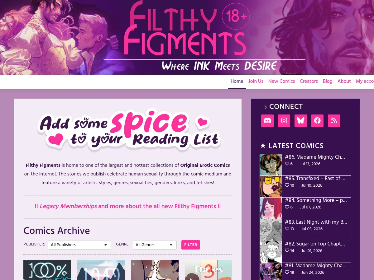 A heavily blurred, censored capture of the Filthy Figments homepage โ only soft shapes are visible, no explicit or readable content